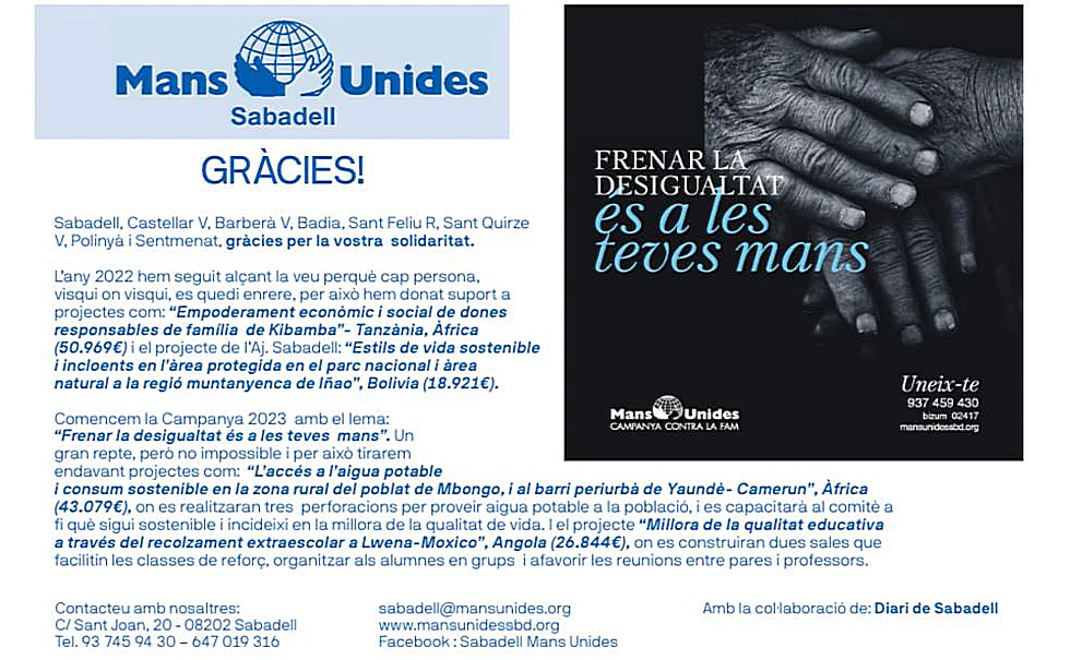 Agraïment de Mans Unides Sabadell per a l'acollida de la Campanya